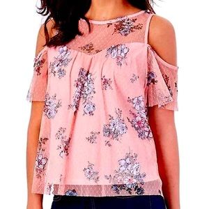 New With Tags IZ BYER Womens Cold Shoulder Pink Layered Mesh Top Size Small NWT